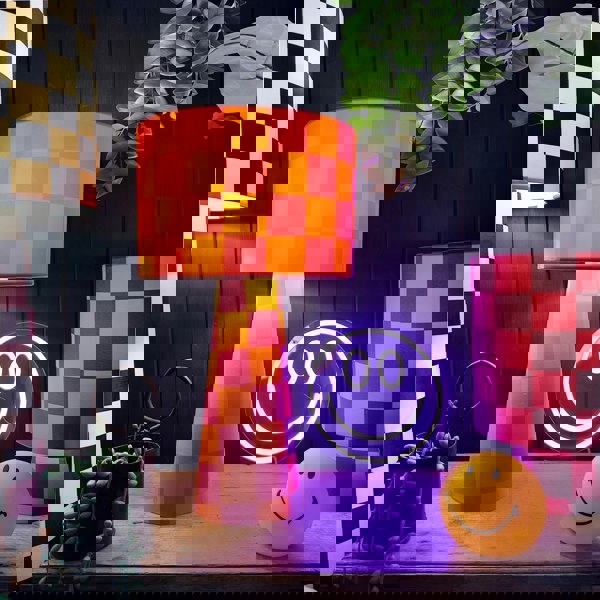 Handmade Checkerboard Velvet lamps in Tutti Frutti. Orange and Pink Checkerboard Lamps - The Midi