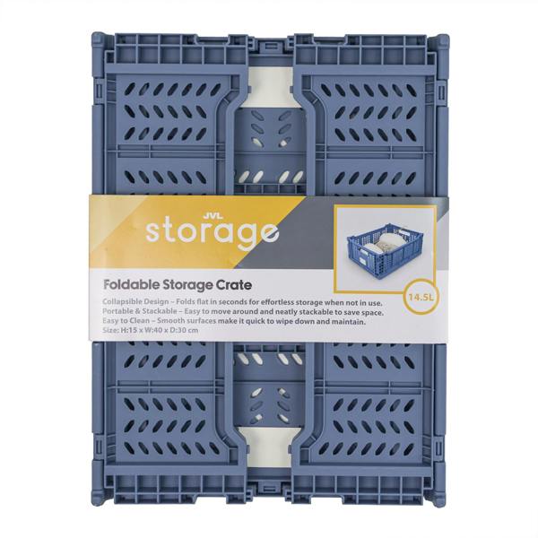 JVL STACKIT - Plastic Foldable Storage Crate - 14.5L - Blue