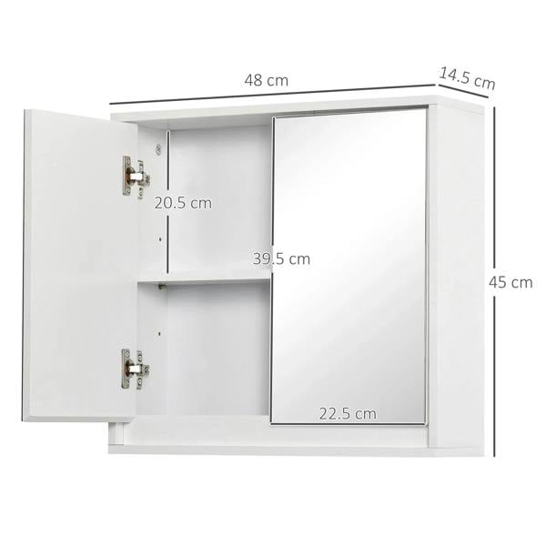 White double-door mirror cabinet with open interior and shelf space