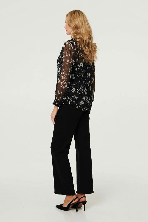 Black | Floral Semi Sheer Layer Lace Trim Blouse