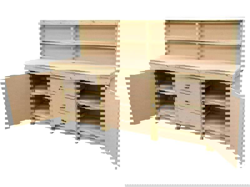 Arbor Garden Solutions Wooden work bench with drawers and double lockable cupboard (V.8) with back panel and double shelf