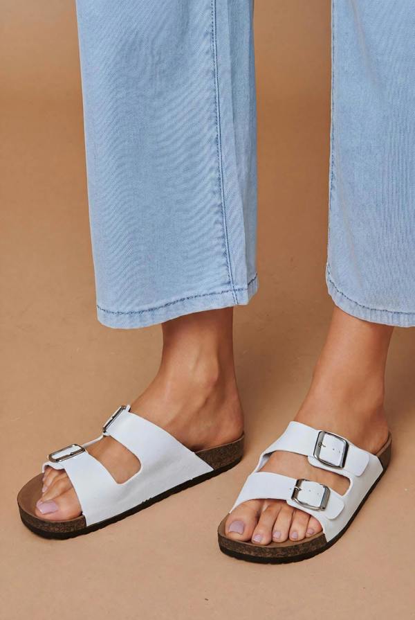 White | Faux Leather Buckle Strap Flat Sandals