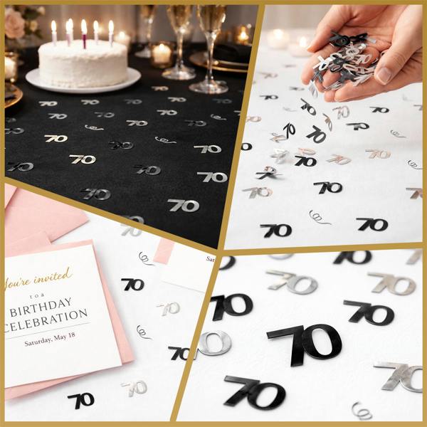 70th Birthday Black and Silver Metallic Confetti Decoration Set for Table Styling image 3