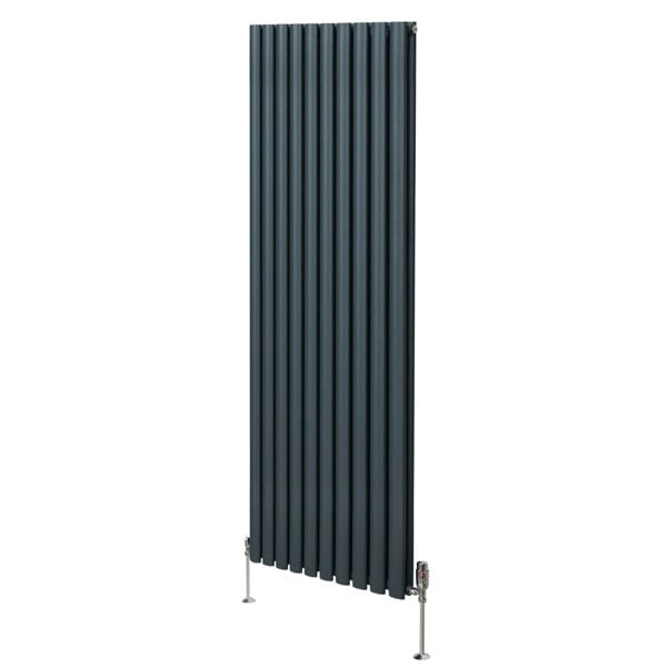 Oval column radiator in anthracite grey, 1800mm x 600mm, featuring vertical slats and sleek metallic valves for modern heating solutions
