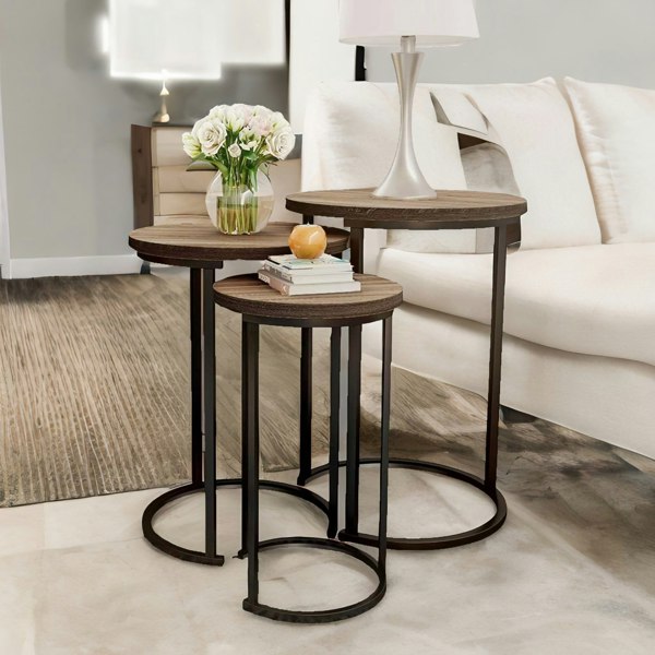 Rafaelo Mobilia Set Of 3 Round Wooden Nesting Tables Brown