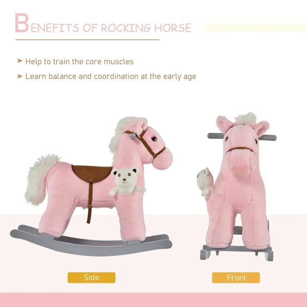 Pink plush rocking horse toy with brown saddle and plush bear doll, side and front views