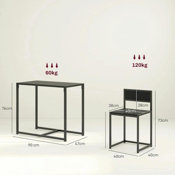 Black dining table and chair with size dimensions shown in a product diagram