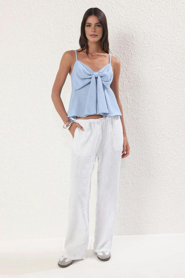 WOVCOR Linen-Look Woven Blouse with Bow Detail