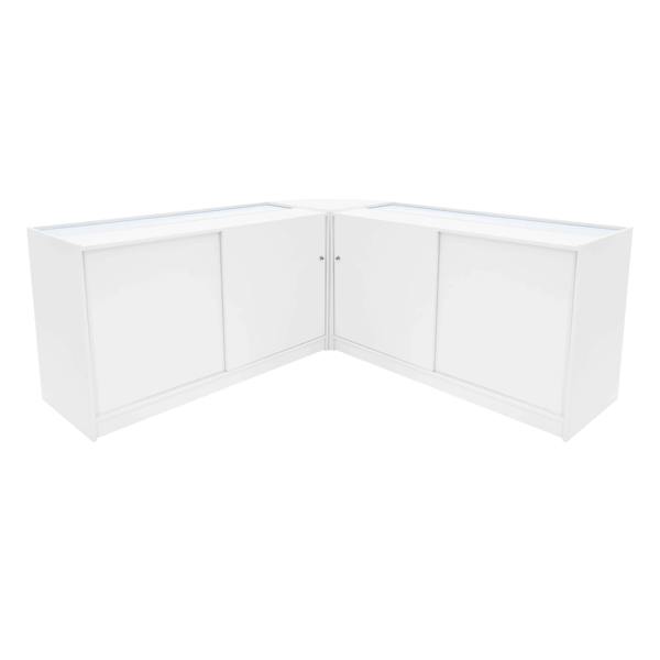 White Apollo LED shop counter set with sleek design, featuring two K1500 display units and smooth surfaces for modern retail spaces