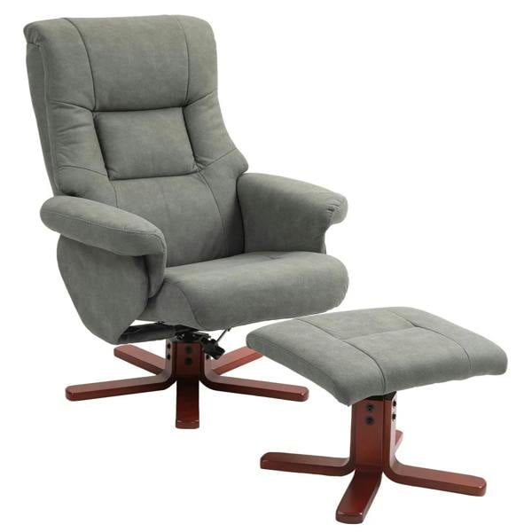 Grey faux leather manual recliner with padded arms and matching footstool, upright seat