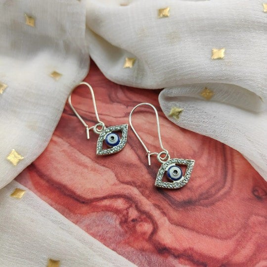 The Colourful Aura Long Silver Evil Eye Huggie Dainty Zircon Devil Eye Charm Latch Back Earrings