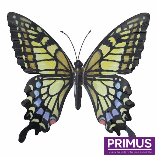 Primus Large Metal Butterfly Yellow Blue and Black Outdoor Garden Home Decoration Wall Art