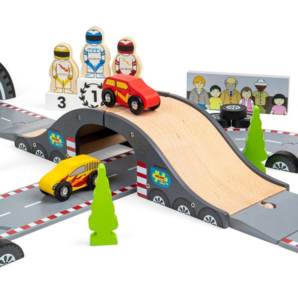 Bigjigs Toys Wooden Roadway Race Day Playset - 47 Pieces