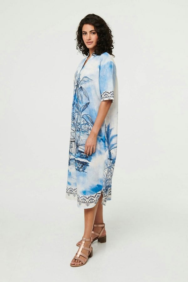 Blue | Abstract 1/2 Sleeve Midi Shift Dress
