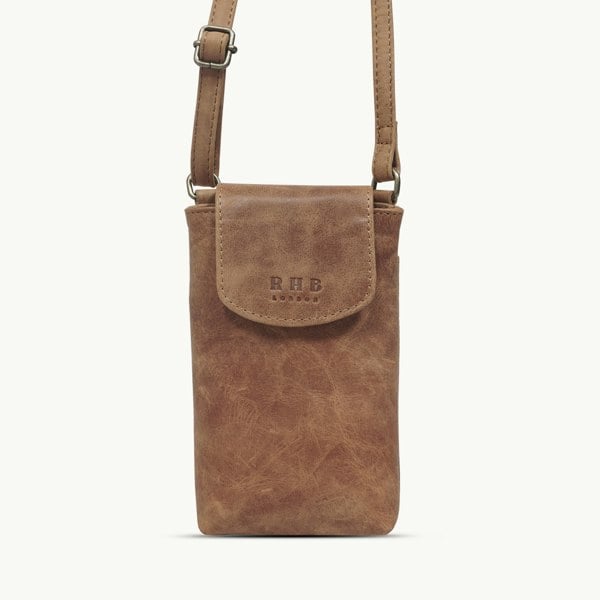 Real Hide Bags 'THEA' Tan Distressed Real Leather Mobile Phone Crossbody Bag