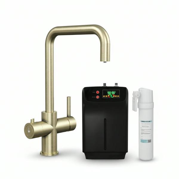 Brushed brass boiling hot water tap on a white background with boiler and carbon filter