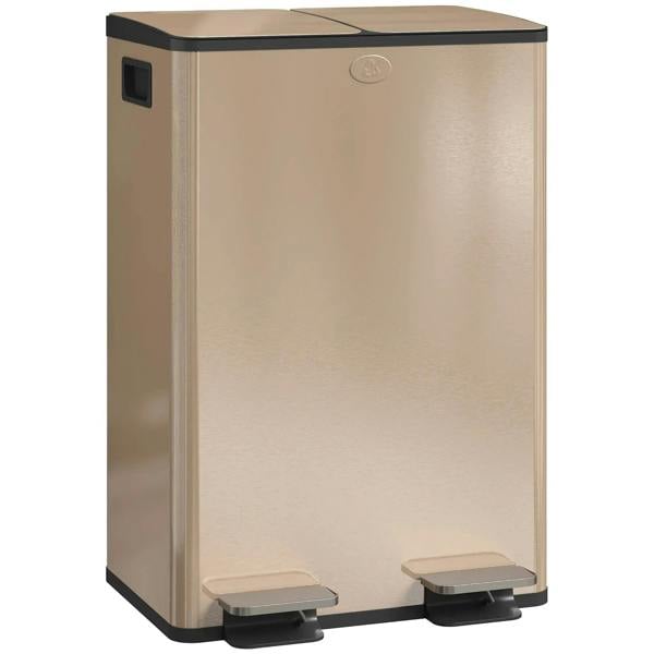 Gold tone dual-compartment stainless steel pedal bin with deodoriser holders