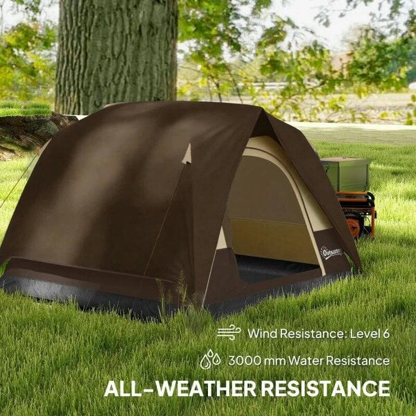 Camping Tent, Easy Set Up 2-3 Man Tent with Sewn-in Groundsheet, 3000 mm Dome Tent w/ Mesh Windows, Brown