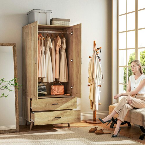 Wyld Haus Corasoro Natural Wood Finish 2 Door Modern Wardrobe With 2 Drawers And Hanging Rail