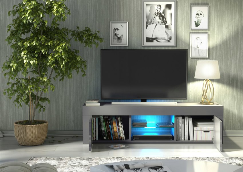 Mex Furniture 130cm TV Unit Sideboard Cabinet Cupboard with High Gloss Doors and LED Light