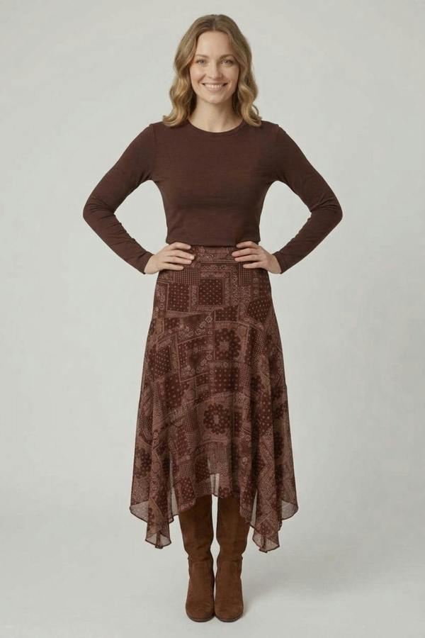 Brown | Patchwork Print Hanky Hem Layered Skirt