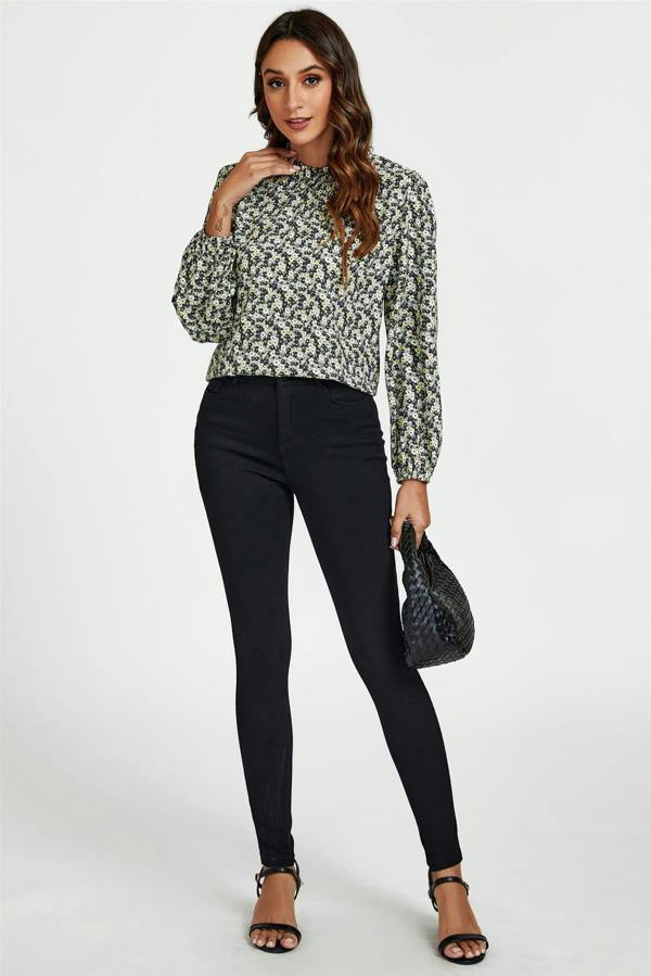 FS Collection Multi Floral Print Frill Detail High Neck Top In Yellow
