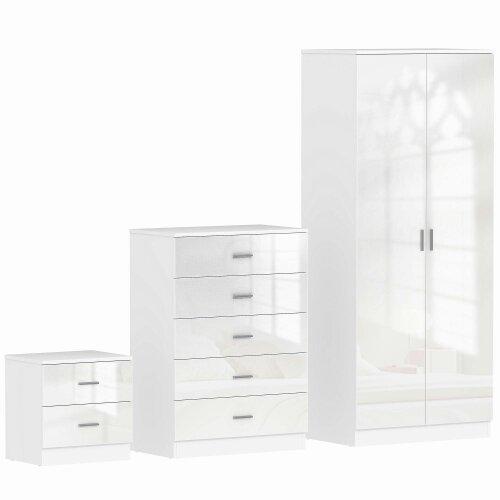 Wyld Haus Belatera High Gloss White 3 Piece Bedroom Furniture Set Wardrobe Chest of Drawers And Bedside Table