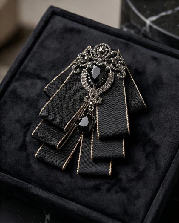 Pamoni Bold Black Ribbon Bow Tie with Statement Gemstone Brooch