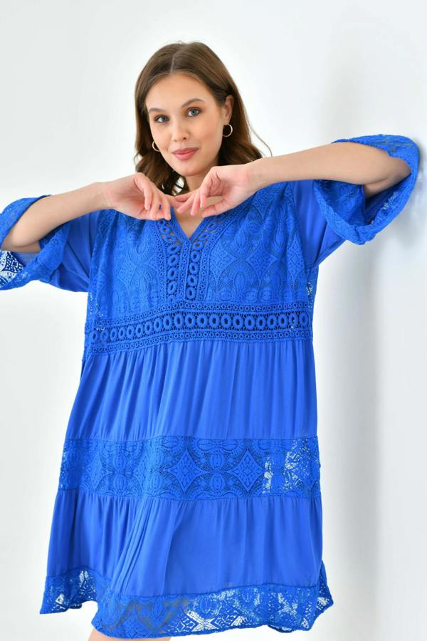 Hoxton Gal Oversized 3/4 Sleeves Lace Detailed V Neck Mini Dress in Royal Blue
