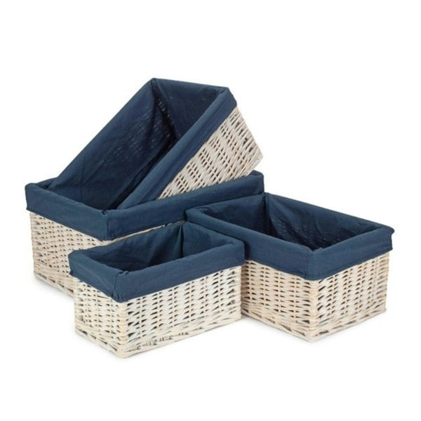 White Wash Navy Lined Open Storage Basket Small