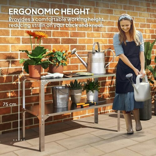 Bobobiy 2 Tier Potting Bench Table, Galvanised Steel Garden Planting Work Bench Workstation with Storage Shelf, 110 x 50 x 75 cm, Silver Tone