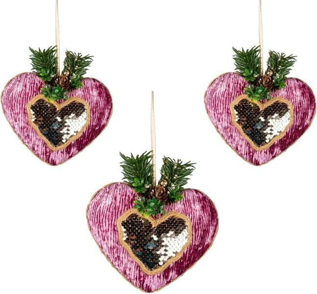 16.5cm Pink Burgundy Heart Christmas Hanging Decorations, Glitter Finish, Set of 3 image 6