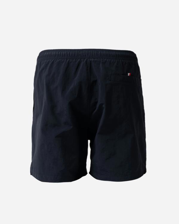back of Tommy Hilfiger Logo Zip Pocket Mens Drawstring Swimming Shorts in Desert Sky