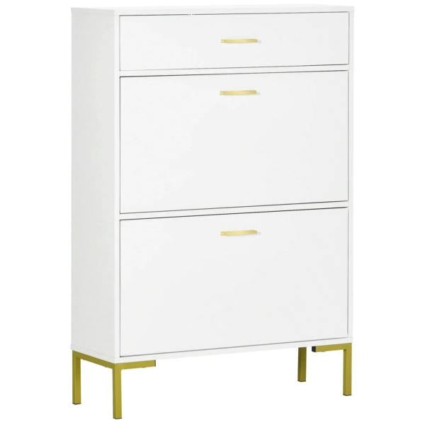 White slim shoe storage cabinet with three drawers and gold legs
