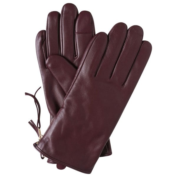 Image shows a pair of burgundy leather gloves photographed against a white background.