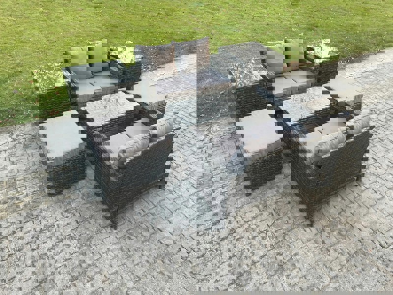 Fimous High Back Rattan Garden Furniture Sofa Sets with Rectangular Coffee Table 2 Side Tables 2 Big Footstool Dark Grey Mixed