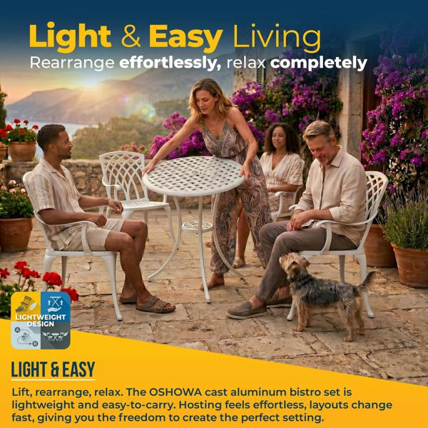 Homeology OSHOWA Luxurious Garden and Patio Table and 4 Large Chairs with Armrests Cast Aluminium Bistro Set - White