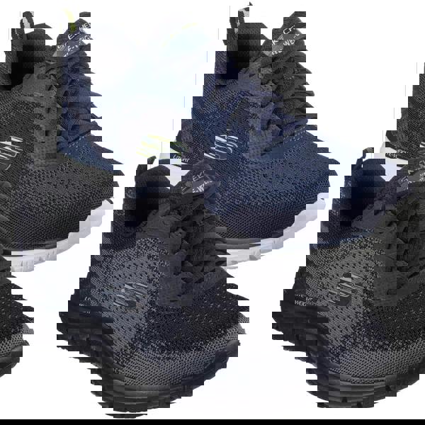 Skechers Track Glendor Mens Lace Up Gym Memory Foam Sport Trainers, blue and black athletic sneakers with breathable mesh upper and cushioned sole.