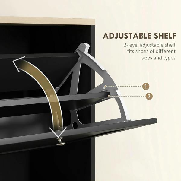 Black shoe cabinet showing adjustable, hinged shelf supports inside the flip rack