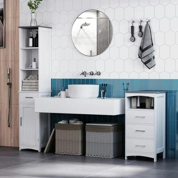 White bathroom linen tower cabinet with open shelves, drawer, and cupboard door