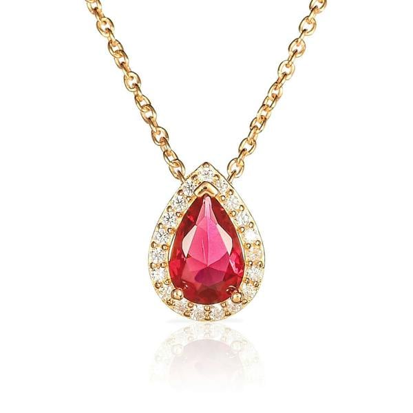 namana Gold Plated 925 Sterling Silver Red Pear Drop Halo Pendant Necklace for Women