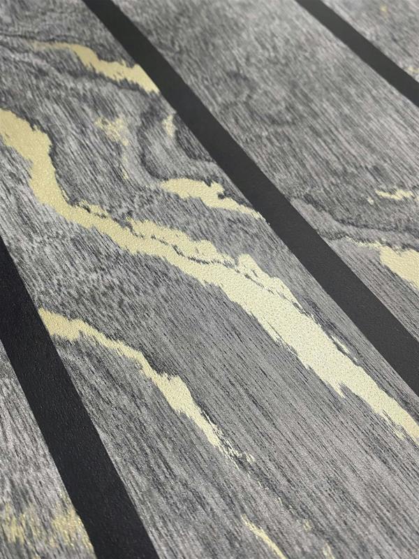 Woodgrain Panel Charcoal & Gold Wallpaper image 4