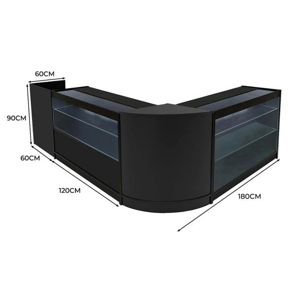 Vega LED Shop Counter Set in sleek black, featuring curved design, glass shelves, and dimensions of 180cm x 90cm x 60cm