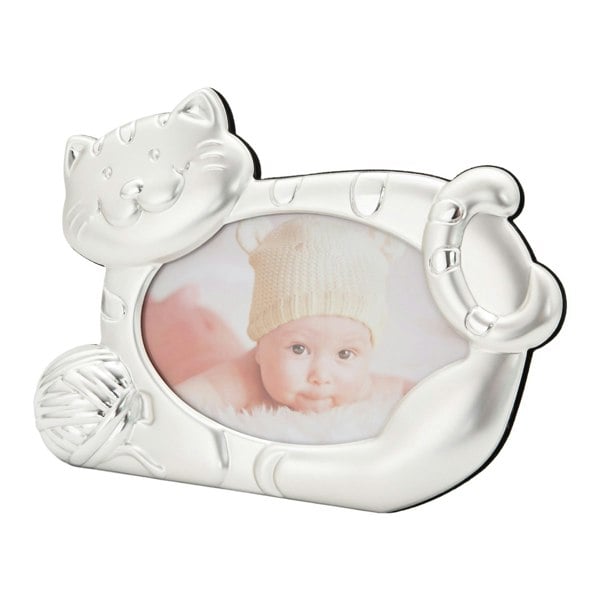 Fun Smiling Cat Themed Satin Silver Picture Frame with String Ball Image 1