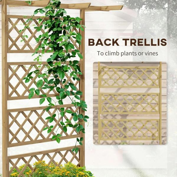 Wooden trellis planter box with climbing lattice and leafy plants