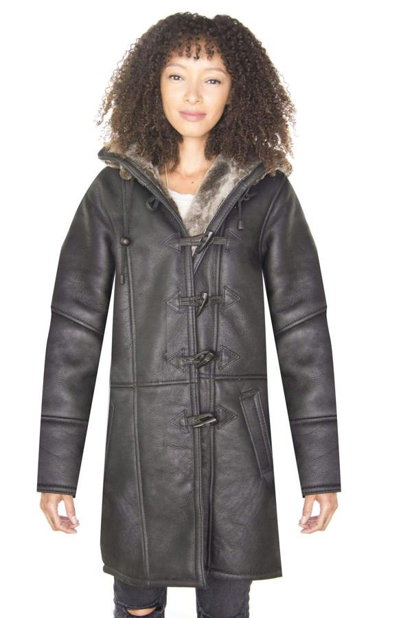 Infinity Leather Womens Black Shearling Hooded Duffle Coat-Royston
