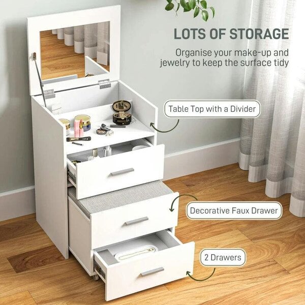 Vanity Desk with Mirror, Modern Dressing Table and Stool w/2 Drawers, Wheels, Flip-Up Mirror, Shelf, White