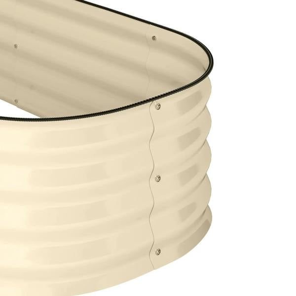 Cream white metal raised bed side with black rim trim and visible screw fasteners