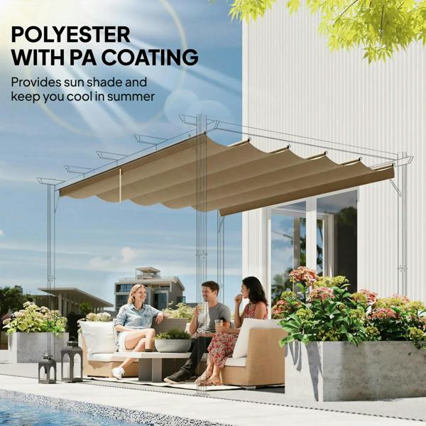 Tan retractable pergola canopy cover with polyester fabric and protective coating for shade