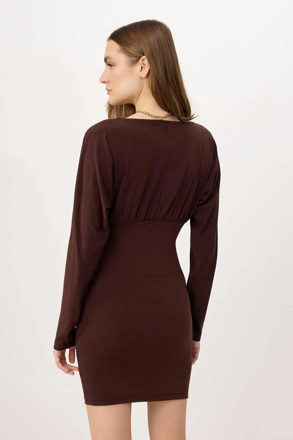 WOVCOR V Neck Long Sleeve Ruched Mini Bodycon Dress